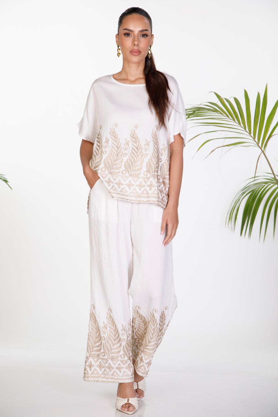 Boho σετ μπλούζα και παντελόνι με λούρεξ κεντήματα