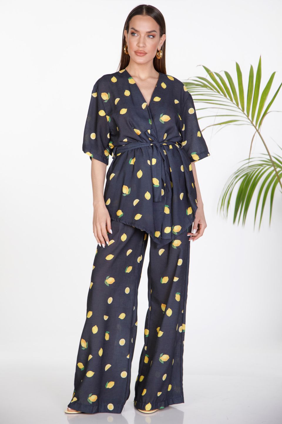 Kimono and wide-leg trousers set with lemon print