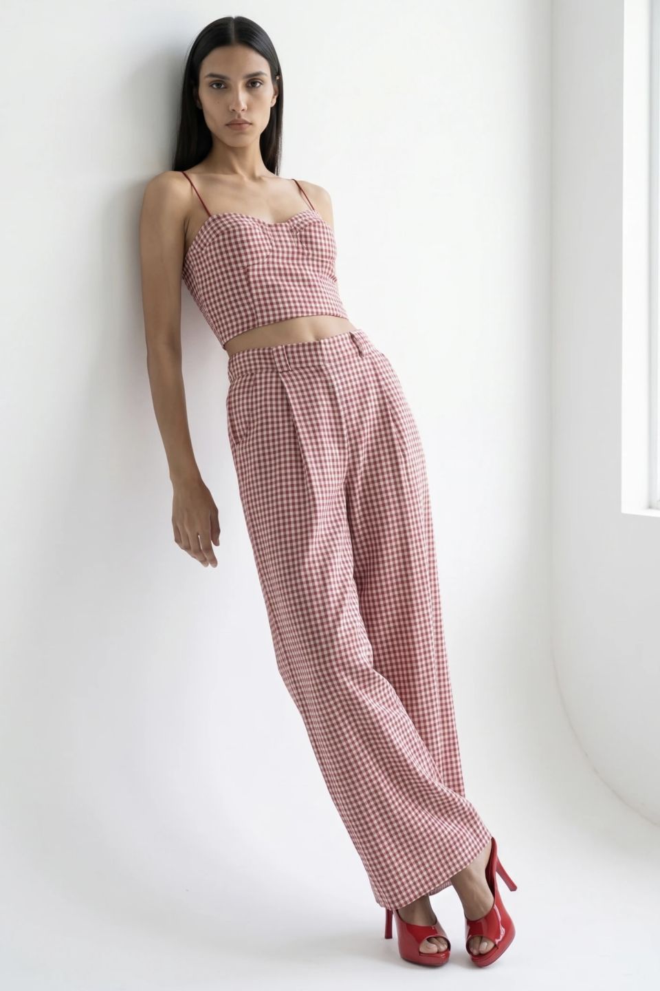 Plaid crop top and trousers matching set