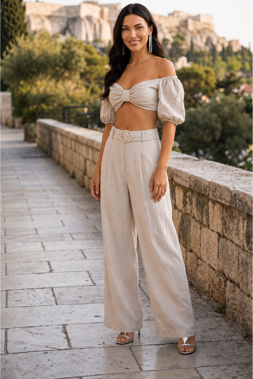 Σετ crop top με balloon μανίκι & παντελόνα με ζώνη