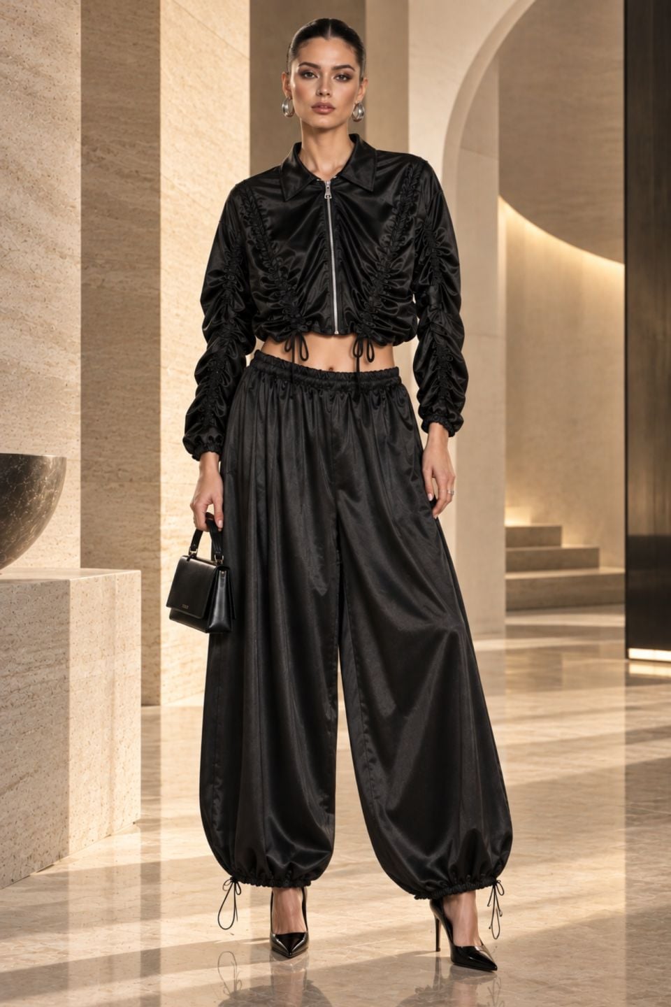 Σατέν σετ με cropped jacket & παντελόνι σαλβάρι