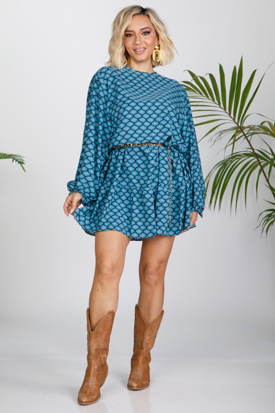 Mini εμπριμέ boho φόρεμα με βολάν