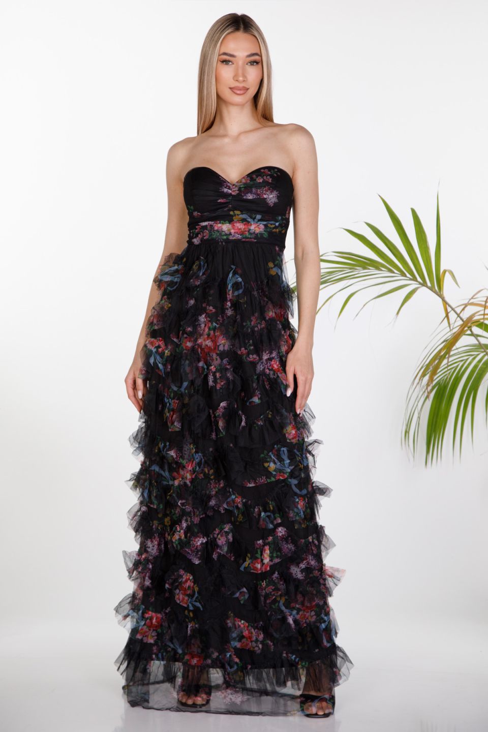 Floral strapless maxi dress with tulle & ruffles