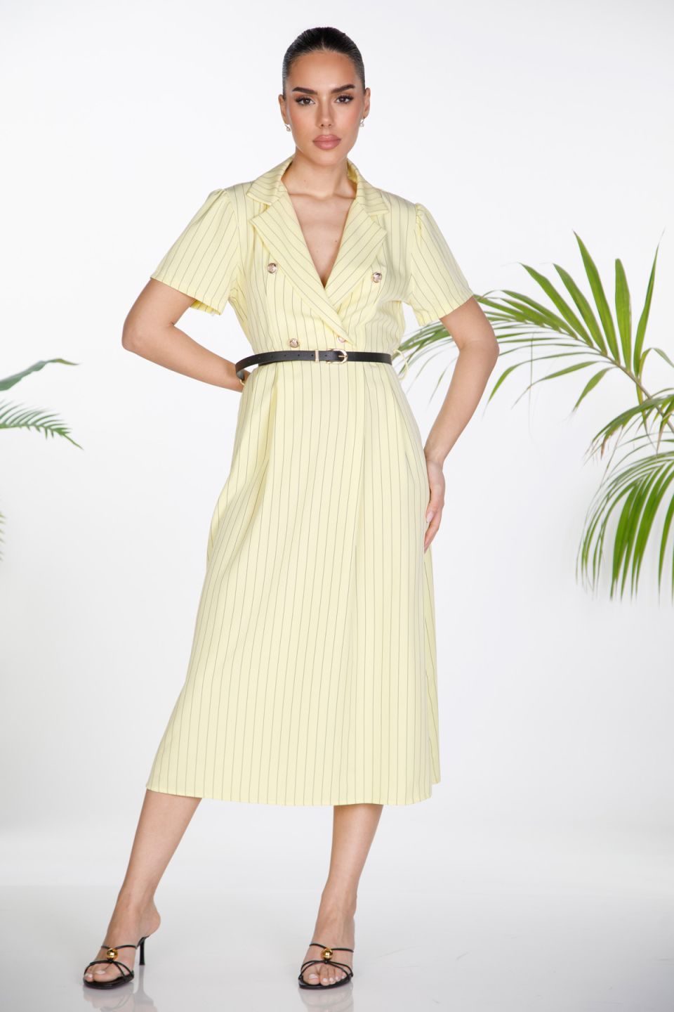 Striped wrap shirt dress with gold buttons and leatherette belt