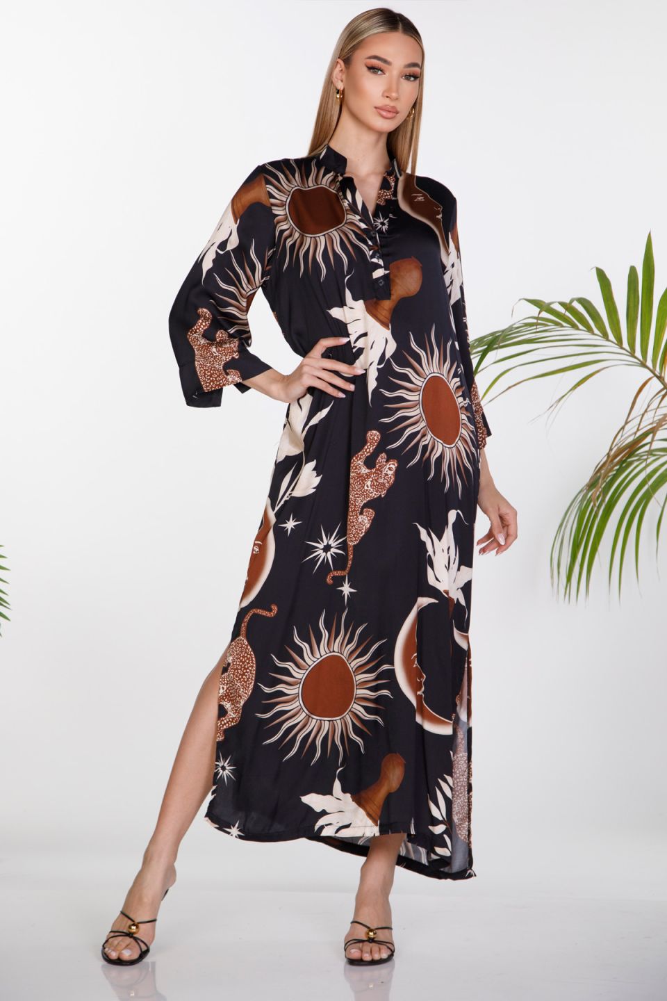 Maxi shirt-style caftan sun and moon print