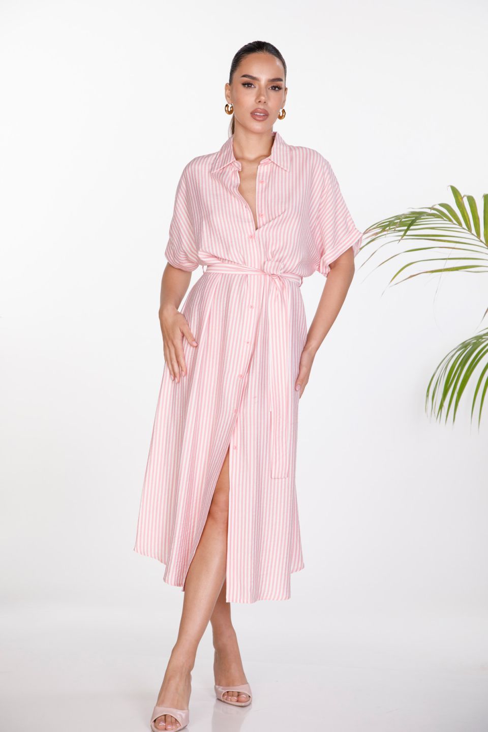 Striped maxi chemise dress with belt