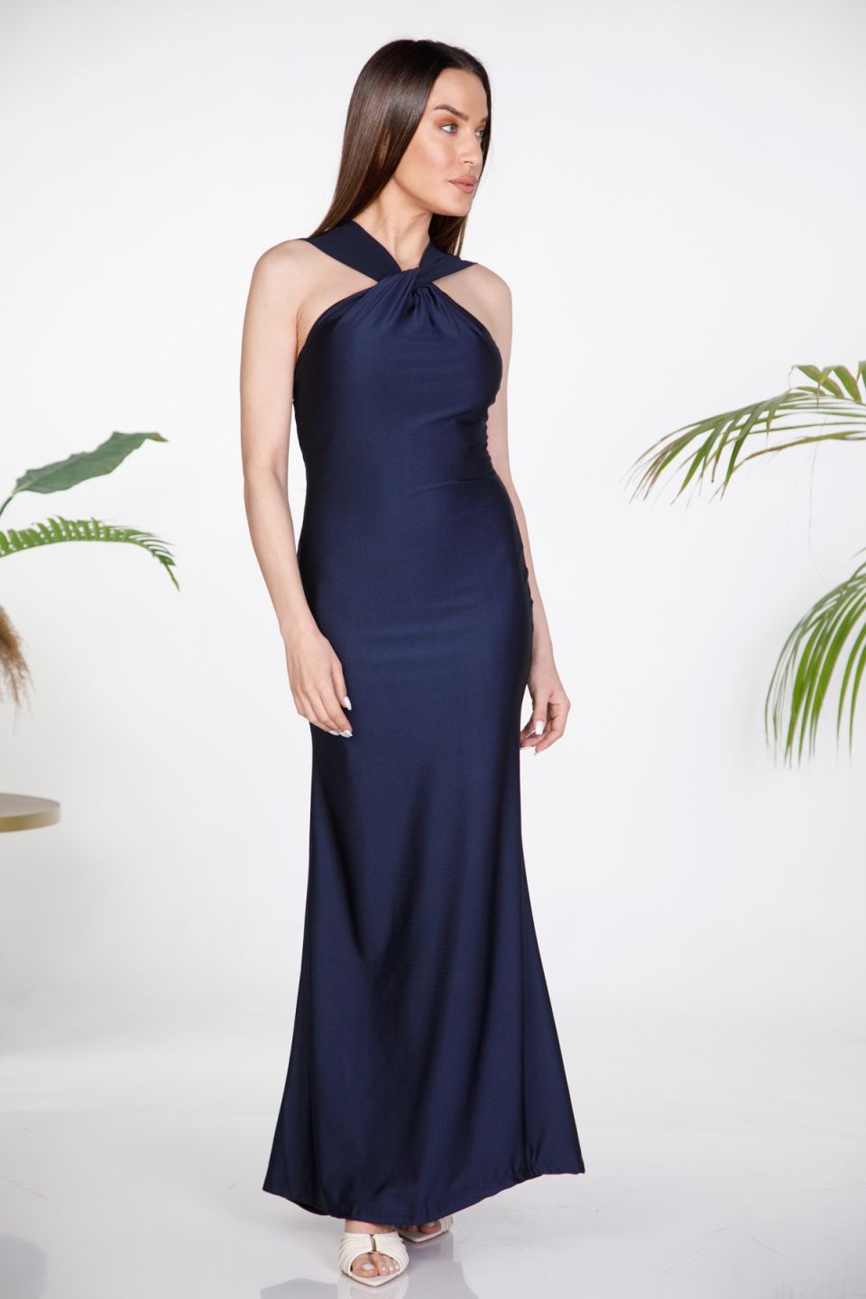 Satin maxi dress with knotted halter neck and draped back cape