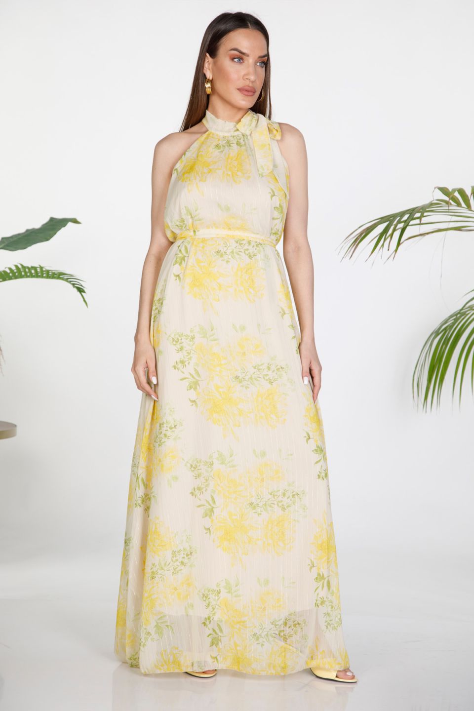 Floral halter maxi dress with lurex details