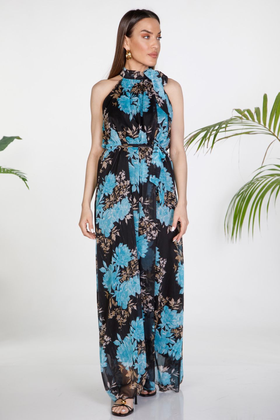 Φλοράλ μάξι φόρεμα halter με lurex λεπτομέρειες