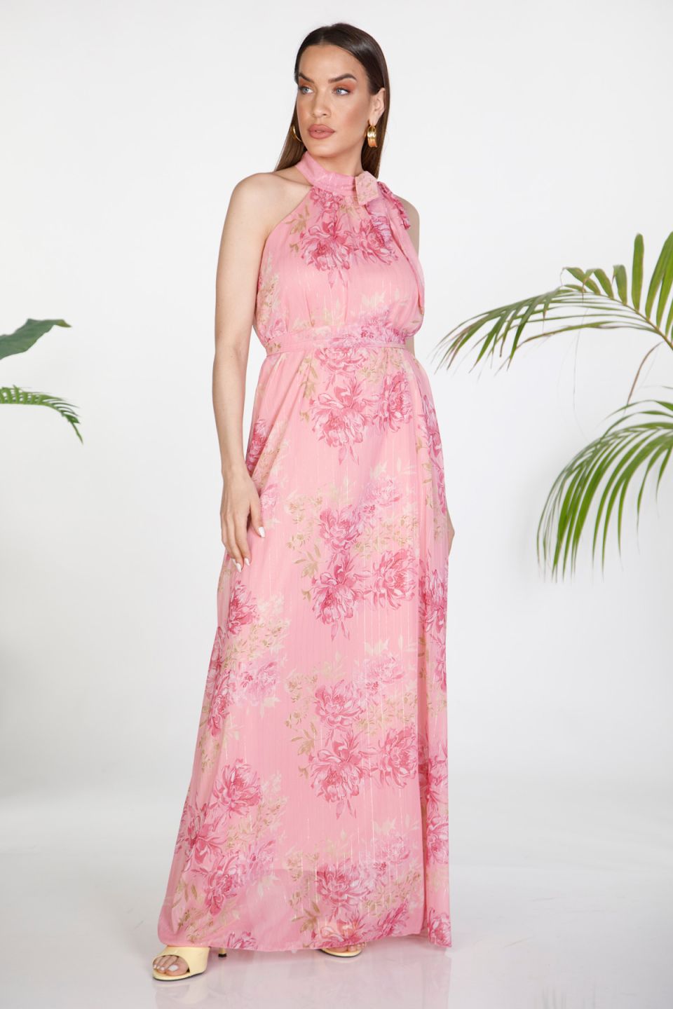 Floral halter maxi dress with lurex details
