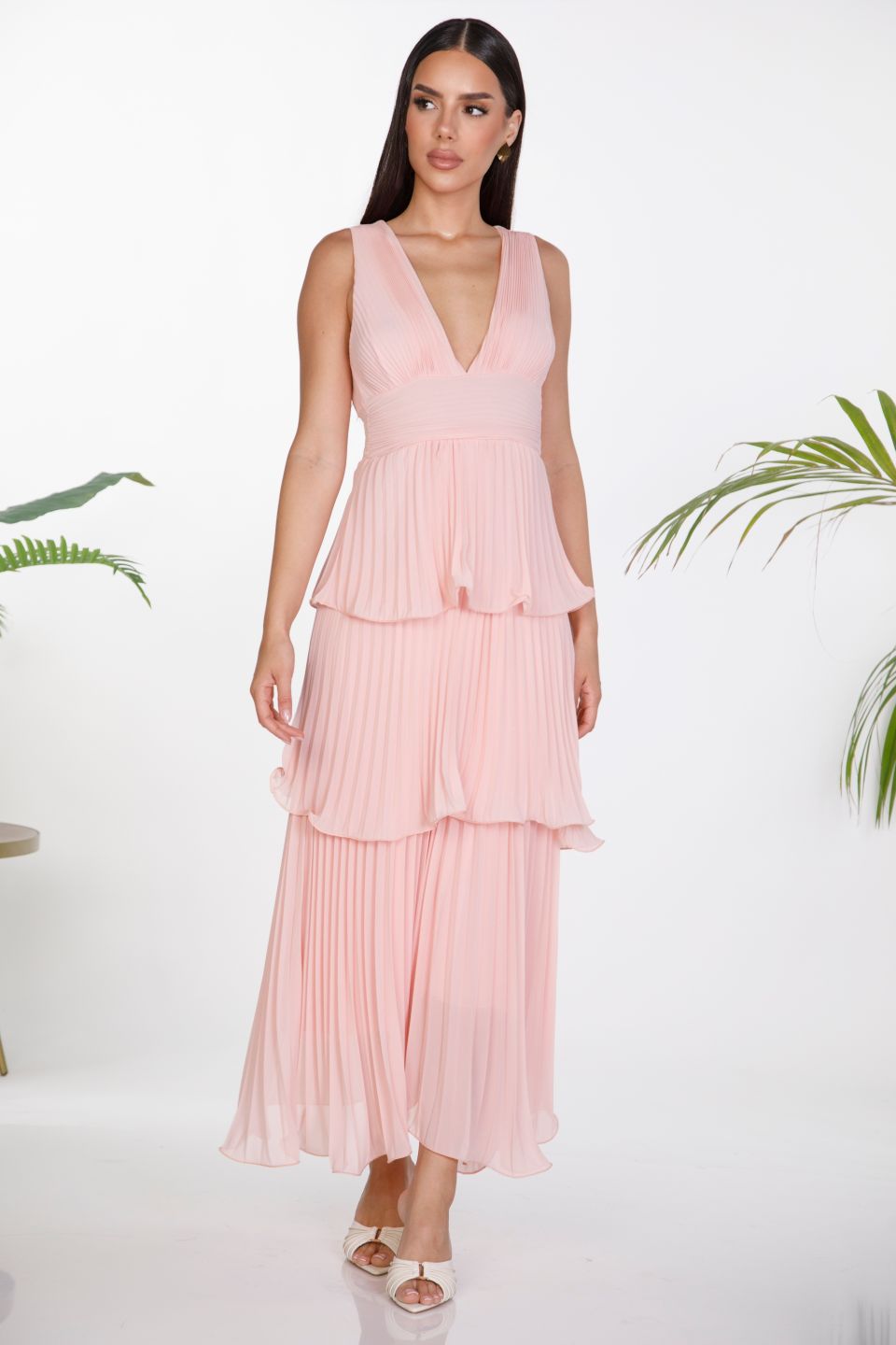 Pleated maxi strappy dress with ruffles