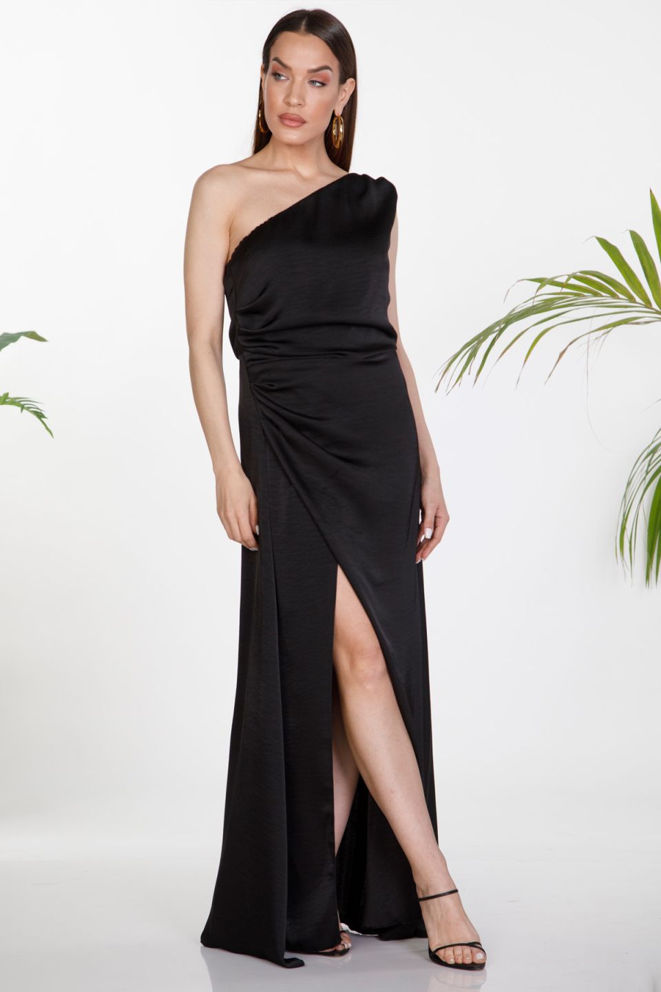 One-shoulder satin dress with side ruching