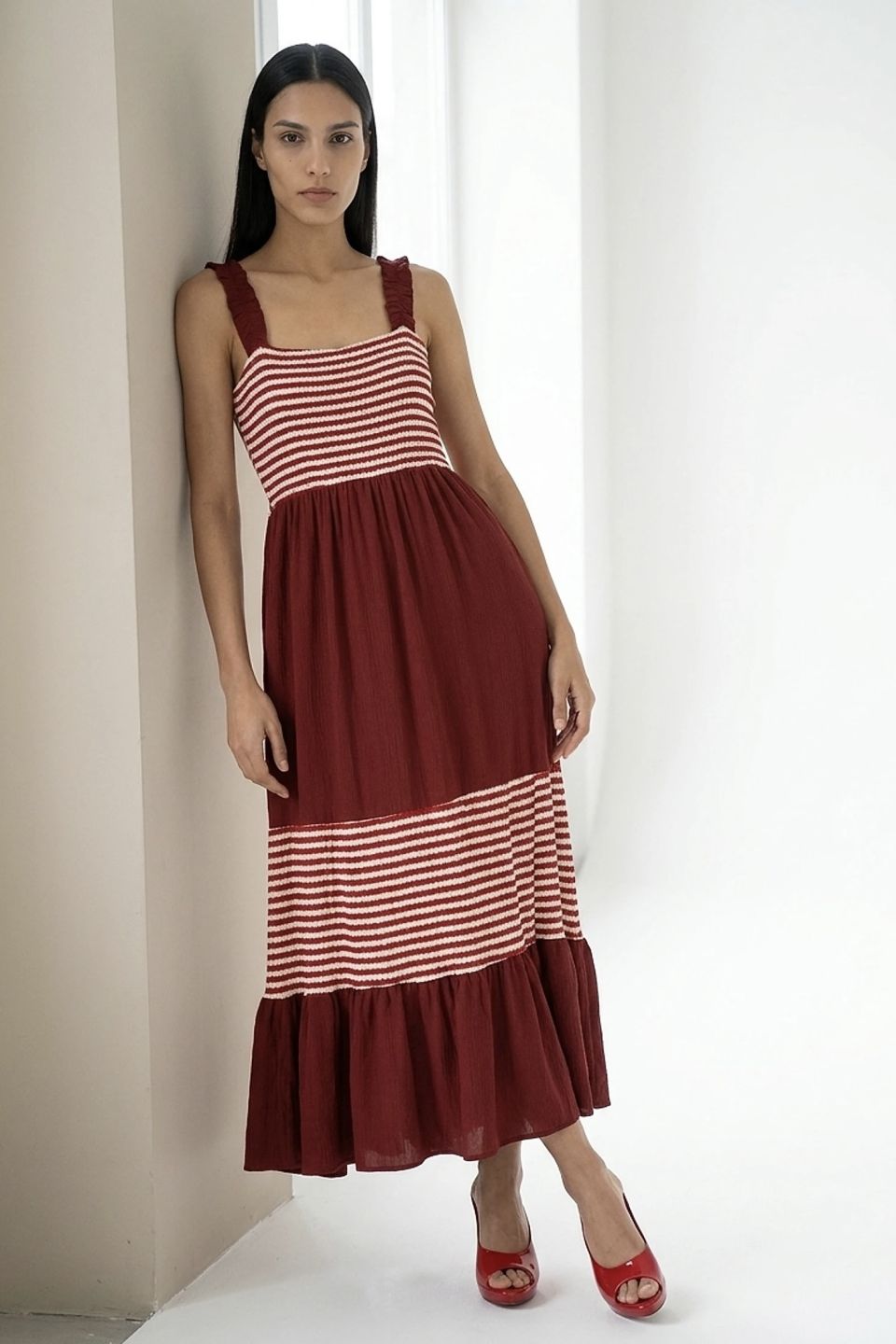Striped detailed maxi dress with ruching
