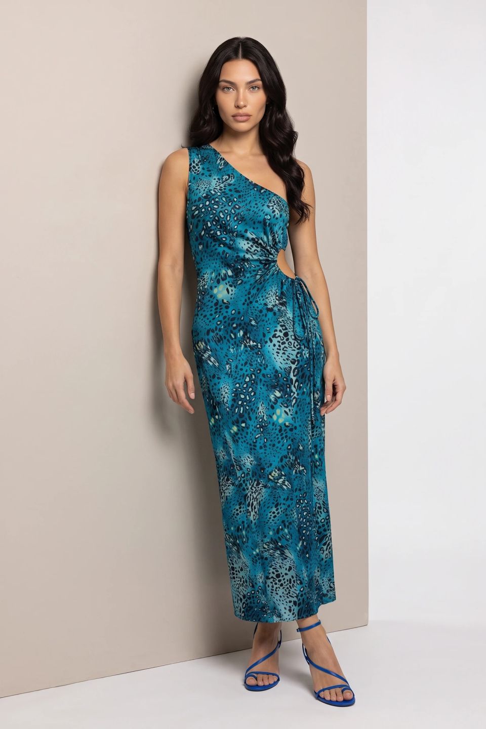 Μάξι φόρεμα με έναν ώμο, cut-out και animal print