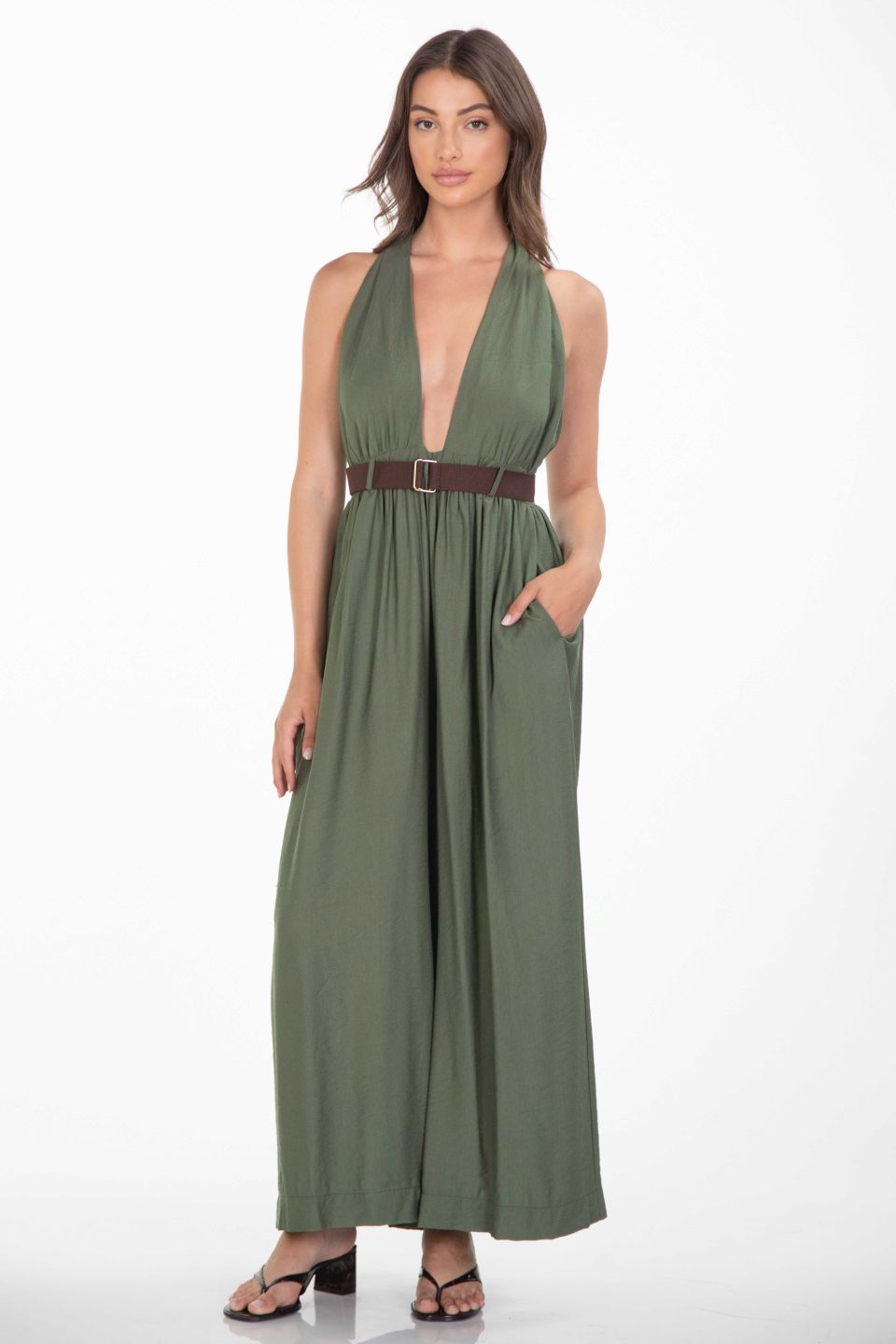 Linen jumpsuit with belt