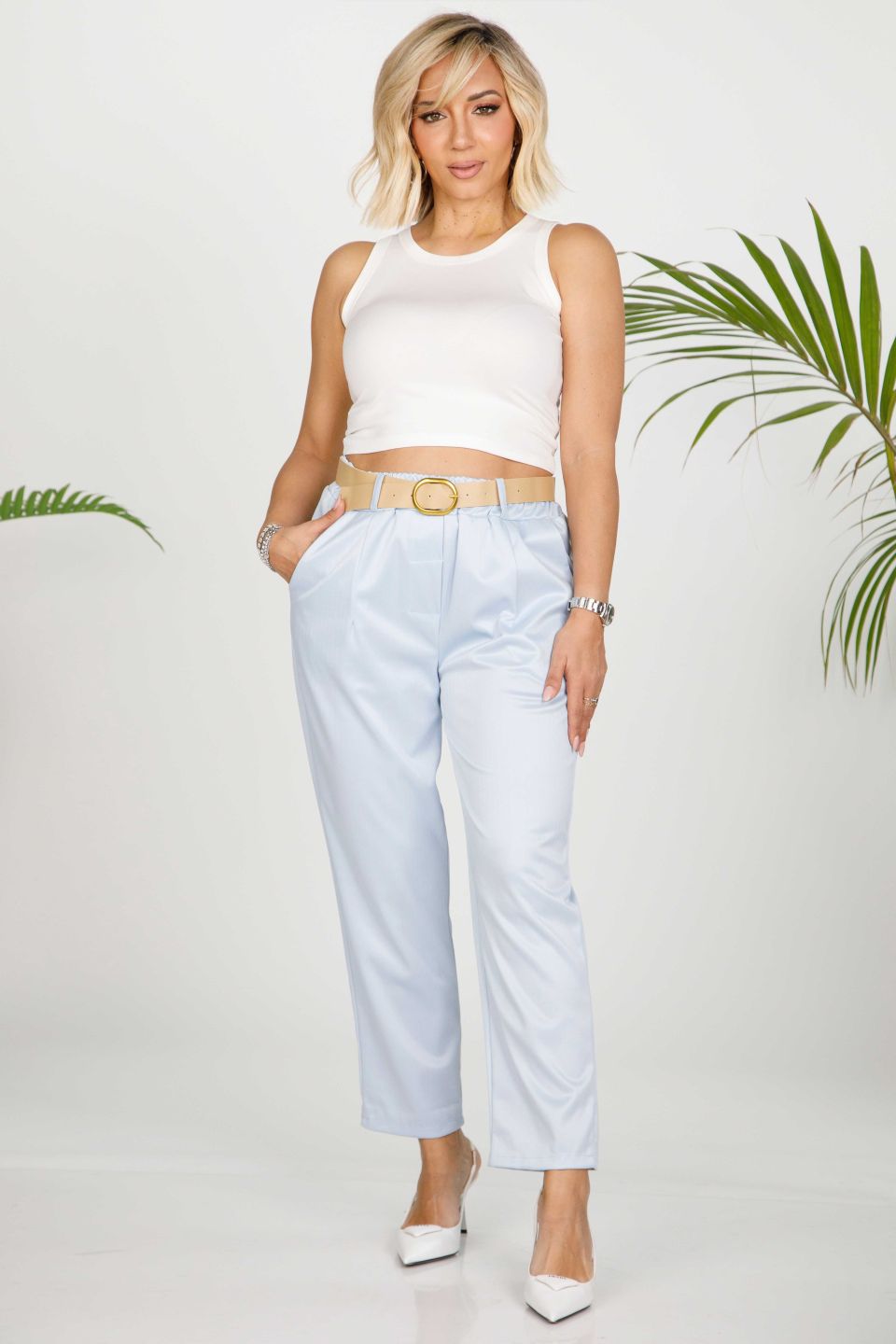 Striped herringbone trousers with faux leather belt