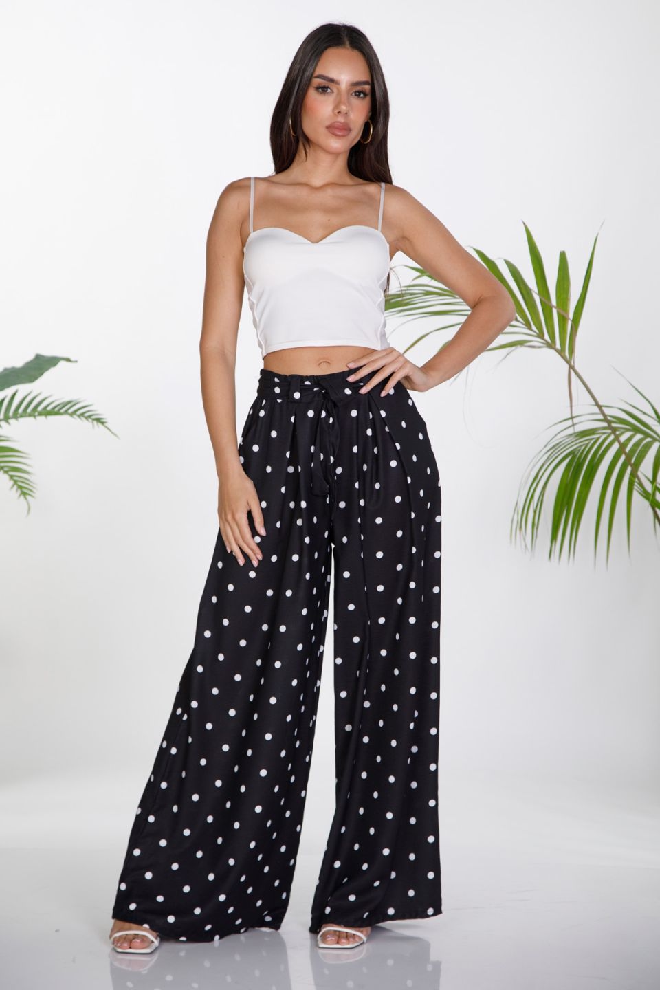 High-waisted polka dot wide-leg trousers