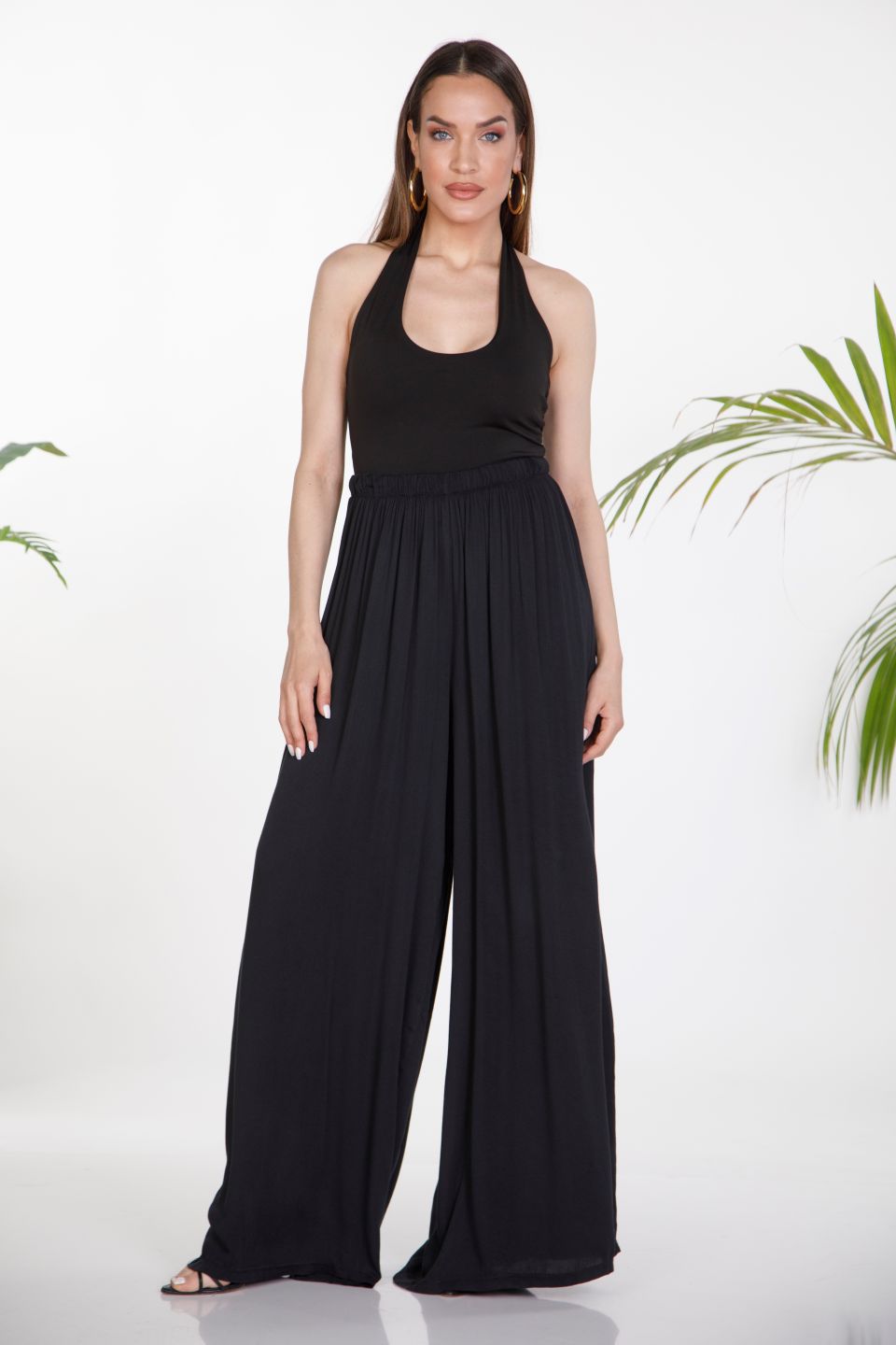 Elasticated waistband wide-leg trousers