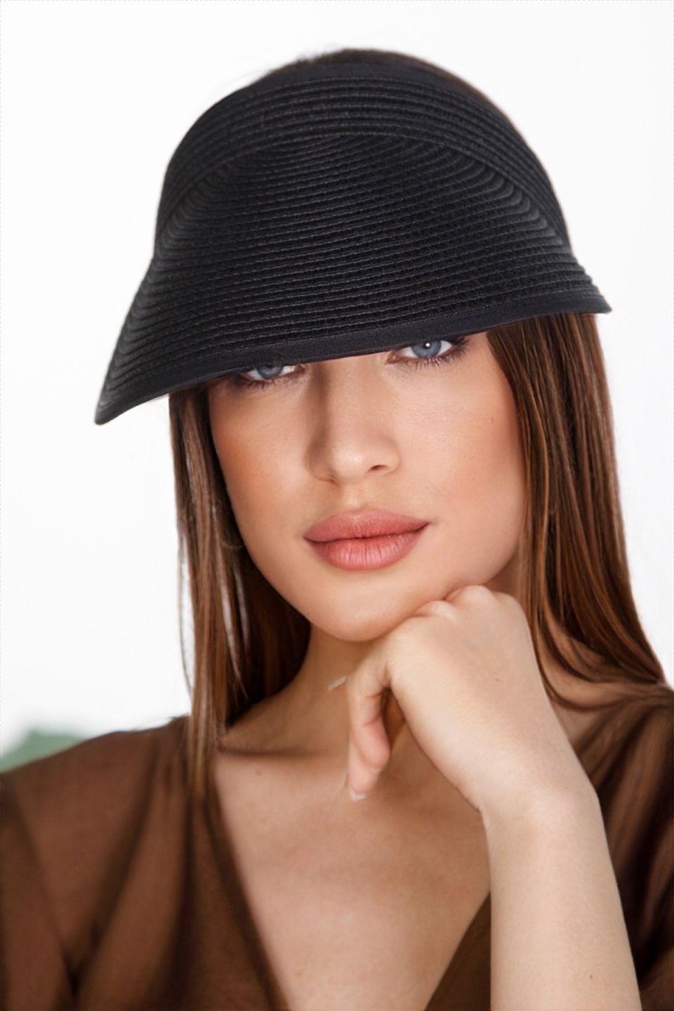 Straw visor hat with fabric trim