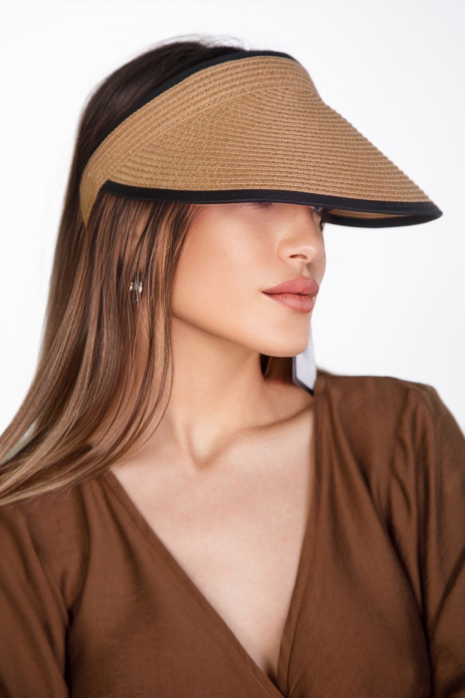 Straw visor hat with fabric trim