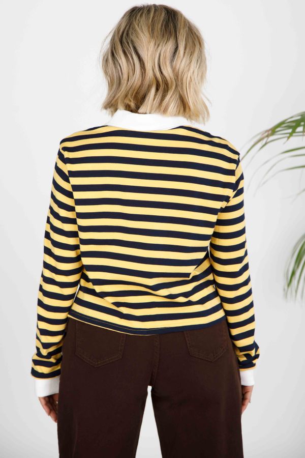 Long-sleeve striped polo blouse with collar