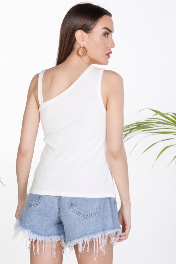 Ribbed sleeveless top with asymmetrical neckline
