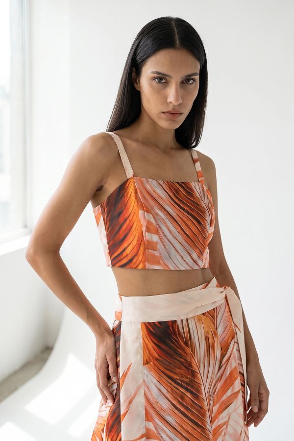Μπλούζα crop top σατέν εμπριμέ με δέσιμο