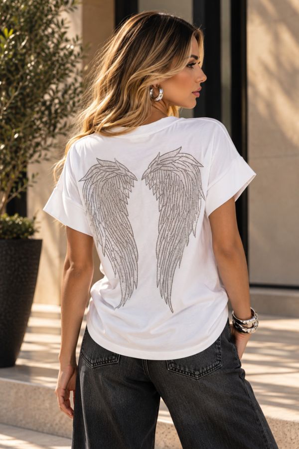 T-shirt "Angel" με φτερά από στρας στην πλάτη - ΛΕΥΚΟ