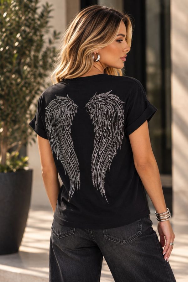 T-shirt "Angel" με φτερά από στρας στην πλάτη - ΜΑΥΡΟ