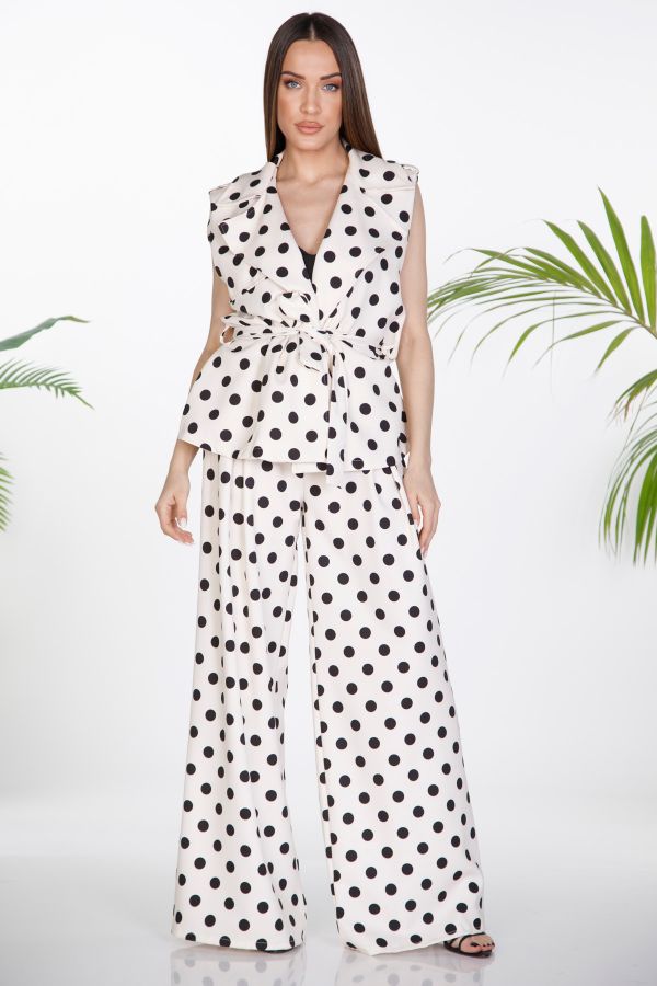 Polka dot set with belted vest and wide-leg pants