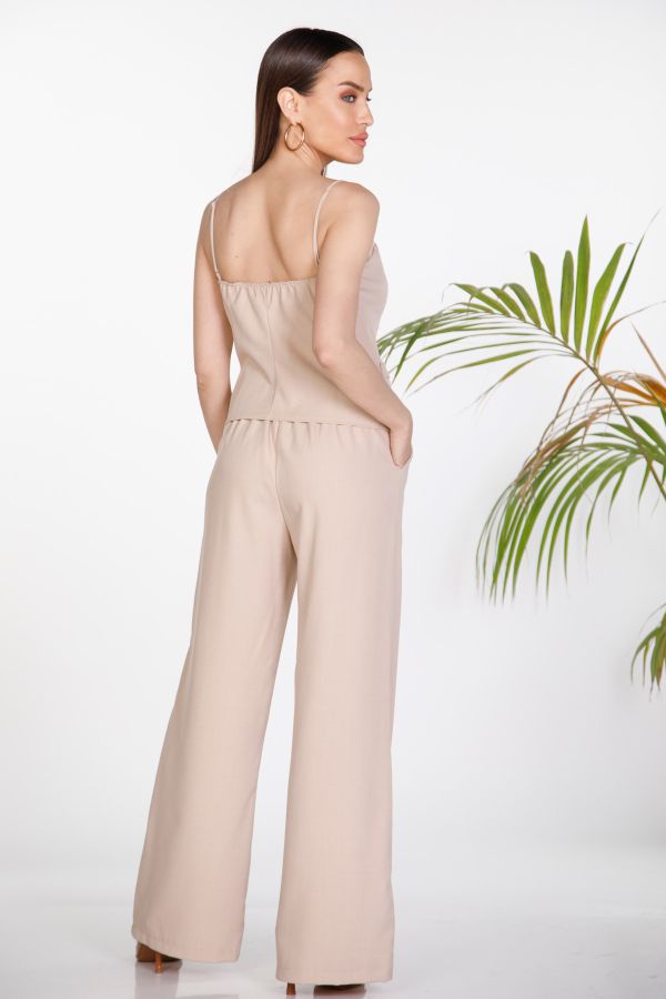 Blouse with lace detail and high-waisted trousers set