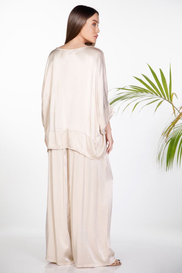 Oversize σατέν σετ μπλούζα μανίκι νυχτερίδα & παντελόνα ριγέ