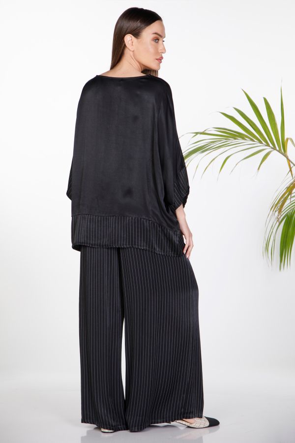 Oversize satin set with batwing sleeves & striped wide-leg trousers