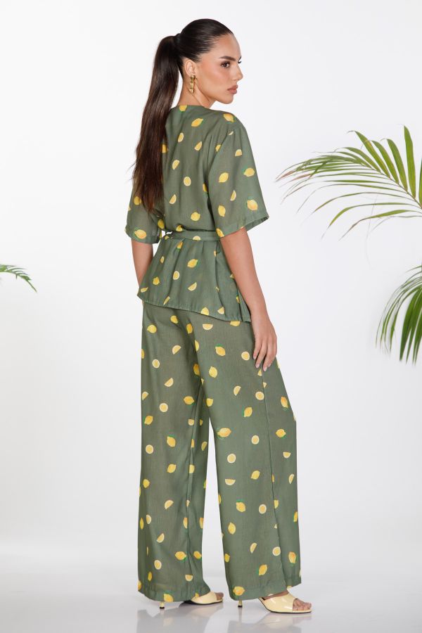 Kimono and wide-leg trousers set with lemon print