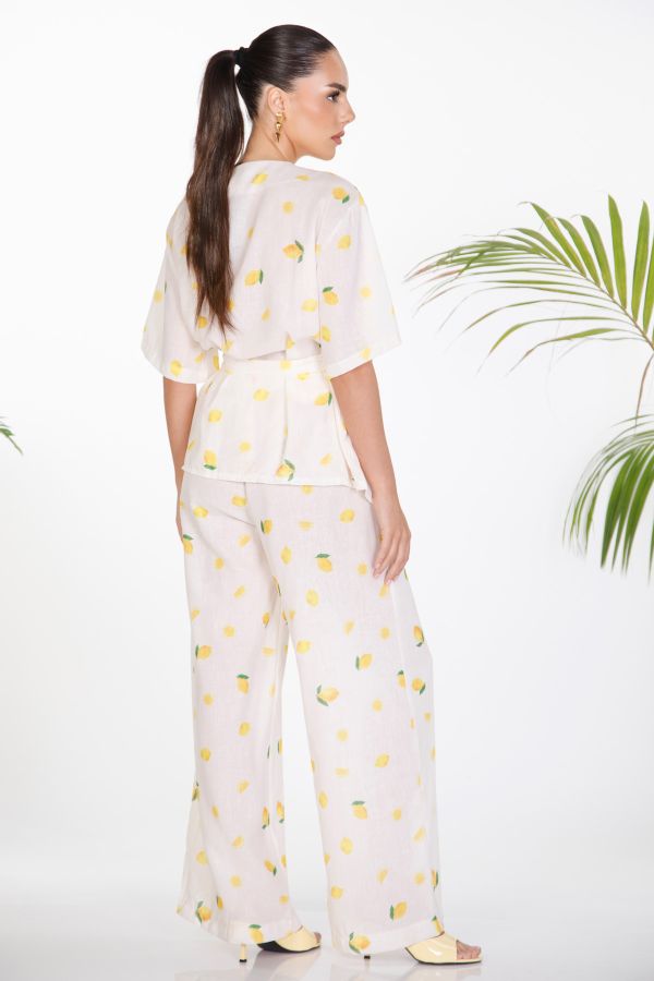 Kimono and wide-leg trousers set with lemon print
