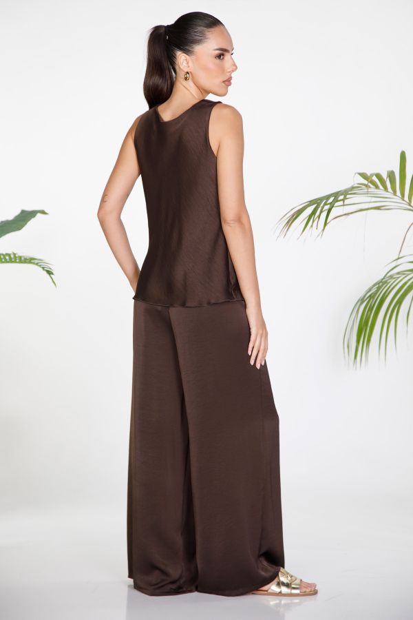 Satin set with cowl neck top and wide-leg trousers