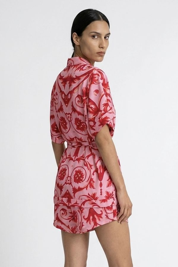 Printed satin kimono with belt and shorts set