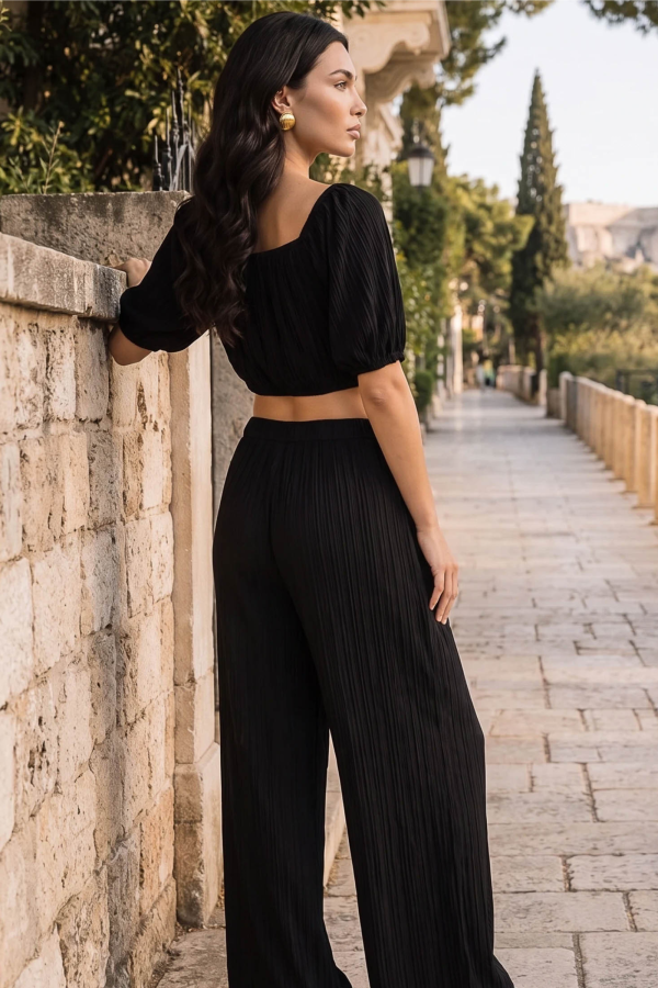 Σετ crop top με balloon μανίκι & παντελόνα με ζώνη