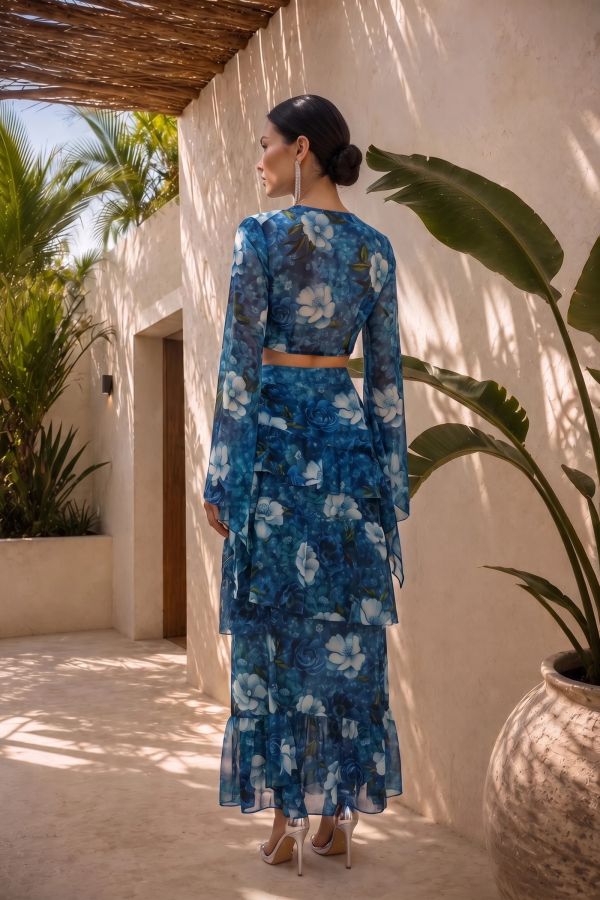 Φλοράλ σετ crop top μπλούζα και κρουαζέ φούστα με βολάν
