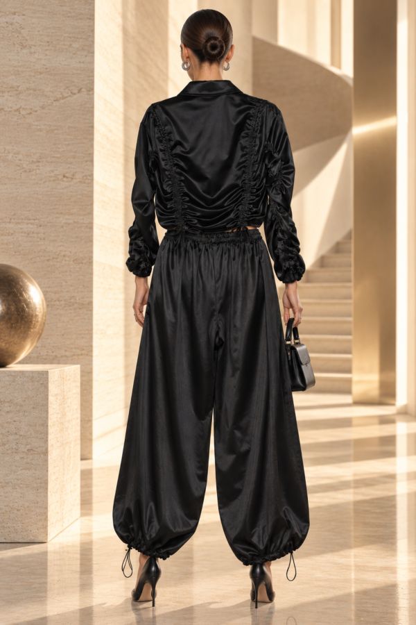 Σατέν σετ με cropped jacket & παντελόνι σαλβάρι