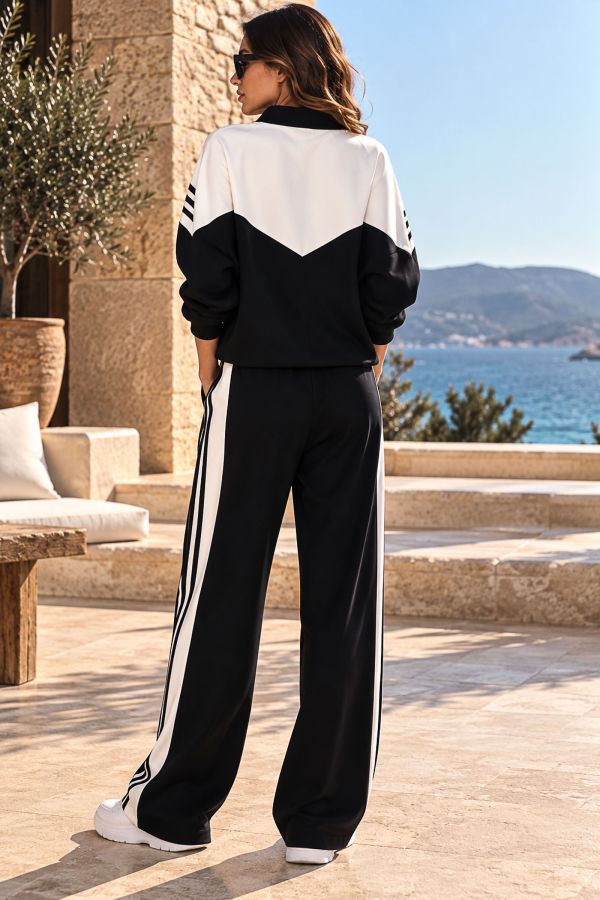 Ριγέ σετ ζακέτα με φερμουάρ & παντελόνι με κορδόνι στη μέση