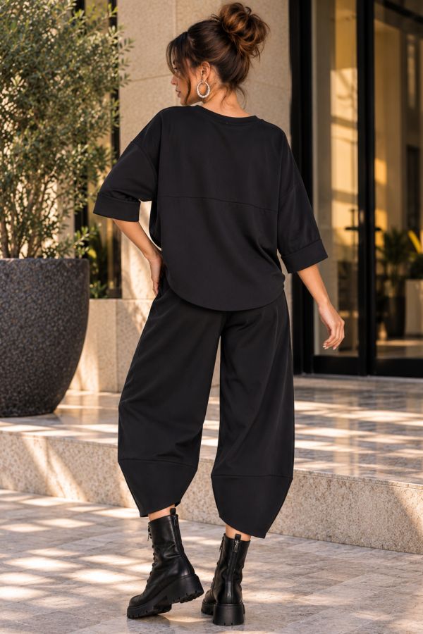 Σετ oversize μπλούζα & ασύμμετρο παντελόνι με λάστιχο στη μέση - ΜΑΥΡΟ