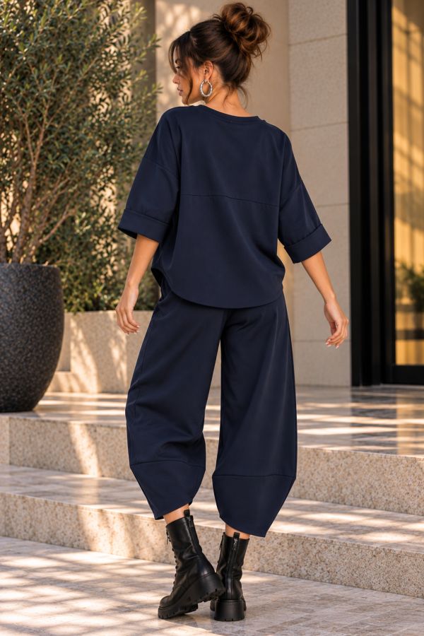 Σετ oversize μπλούζα & ασύμμετρο παντελόνι με λάστιχο στη μέση - ΜΠΛΕ ΣΚΟΥΡΟ