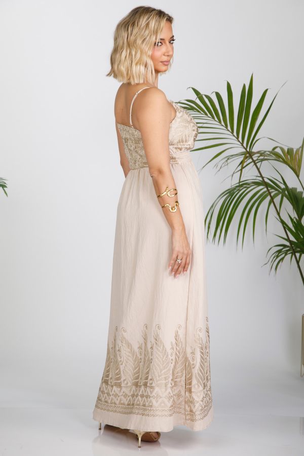 Maxi boho dress with gold embroidery