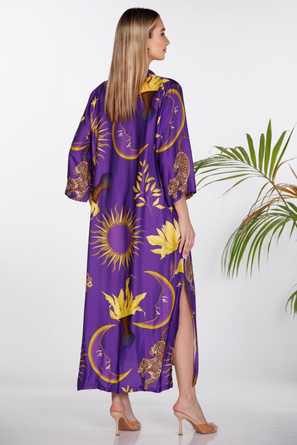 Maxi shirt-style caftan sun and moon print
