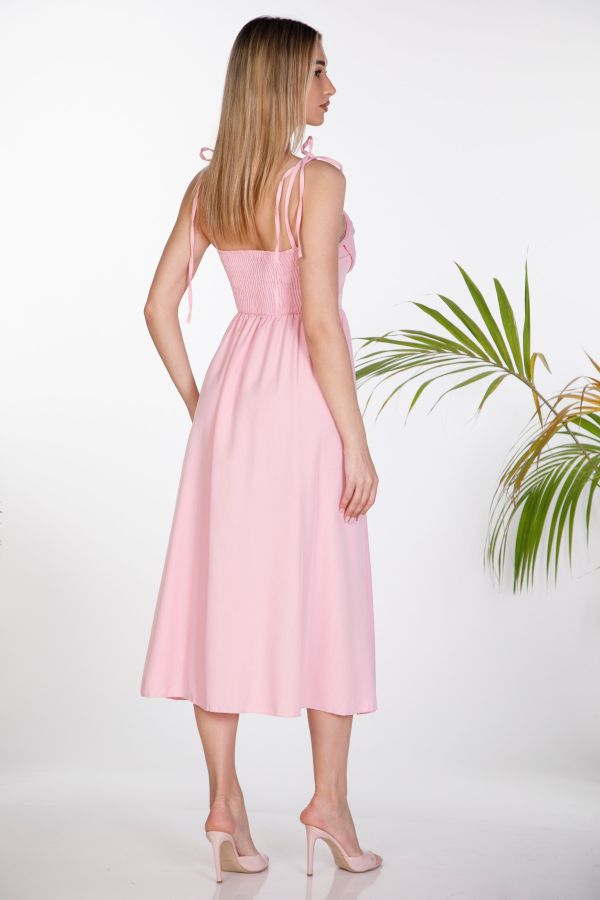 Midi dress with draped bust, buttons & smocked back