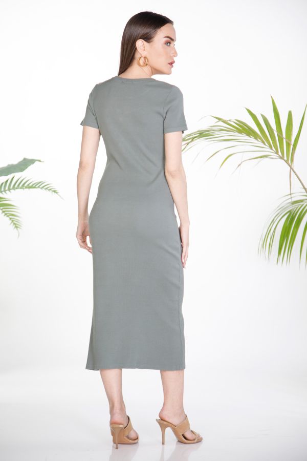 Midi ribbed dress with buttons and V-neckline