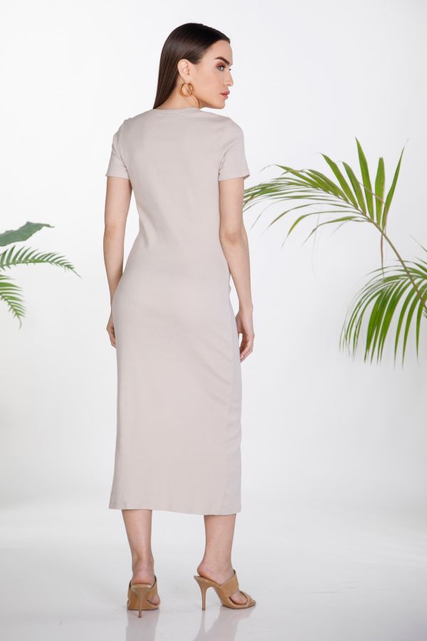 Midi ribbed dress with buttons and V-neckline