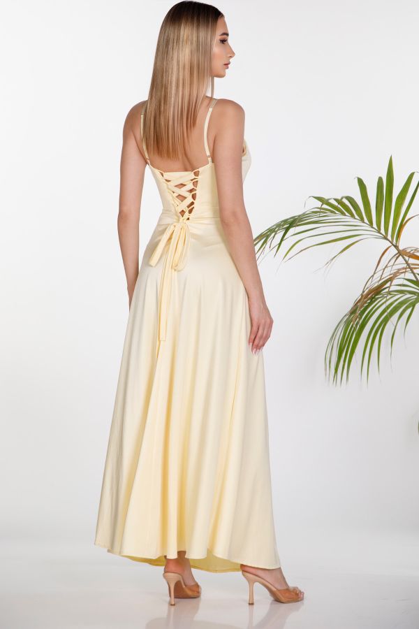 Maxi satin wrap-style dress with slit and lace-up back