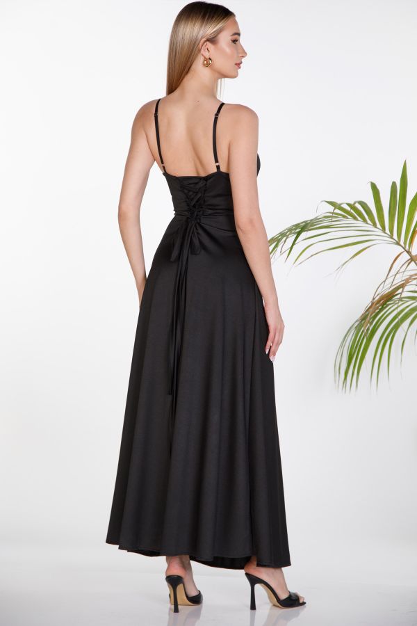 Maxi satin wrap-style dress with slit and lace-up back
